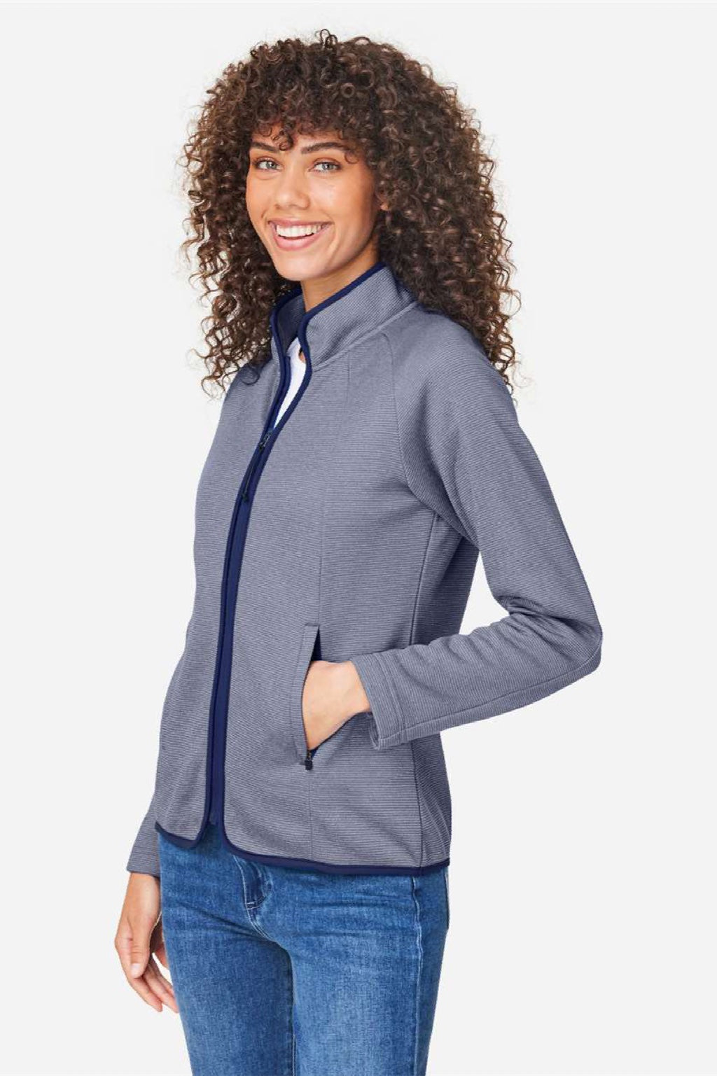 Core 365 CE72W Womens Venture Heathered Stripe Full Zip Jacket Classic Navy Blue/White Model Side