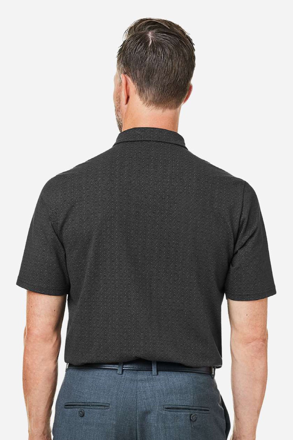 Devon & Jones DG101 Mens Crownlux Performance Geo Short Sleeve Polo Shirt Black/Graphite Grey Model Back