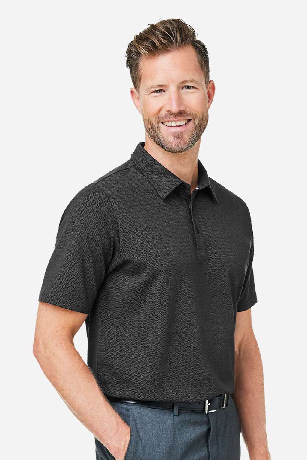 Devon & Jones DG101 Mens Crownlux Performance Geo Short Sleeve Polo Shirt Black/Graphite Grey Model Side