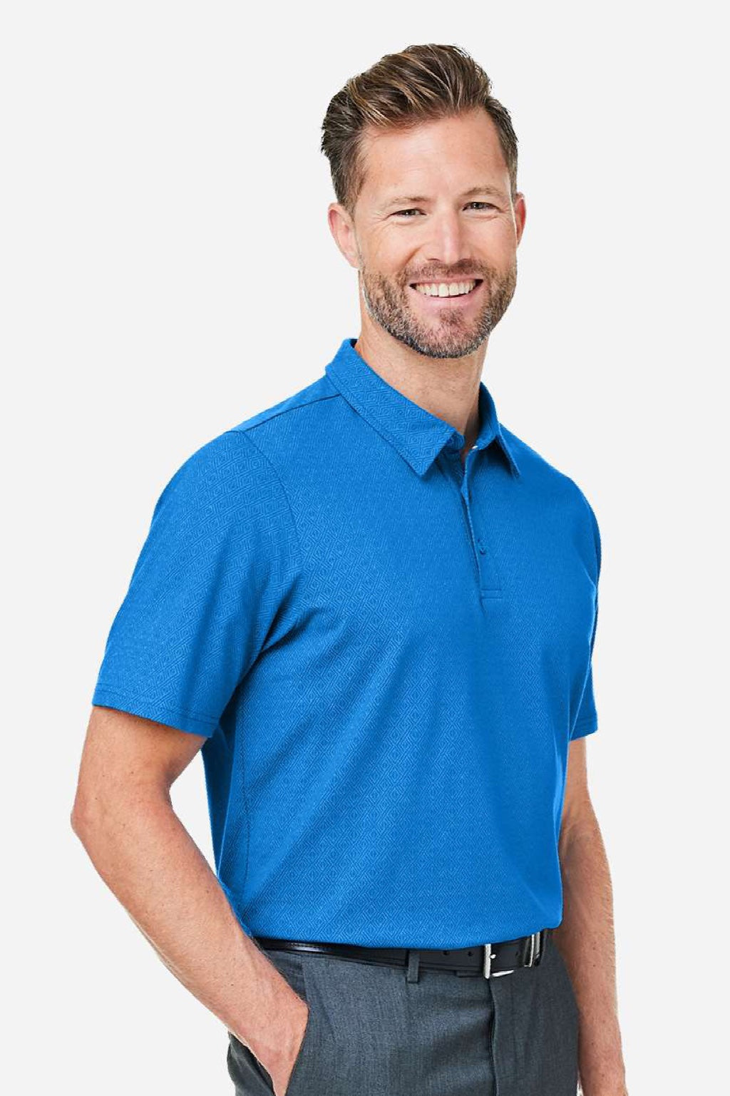 Devon & Jones DG101 Mens Crownlux Performance Geo Short Sleeve Polo Shirt French Blue Model Side