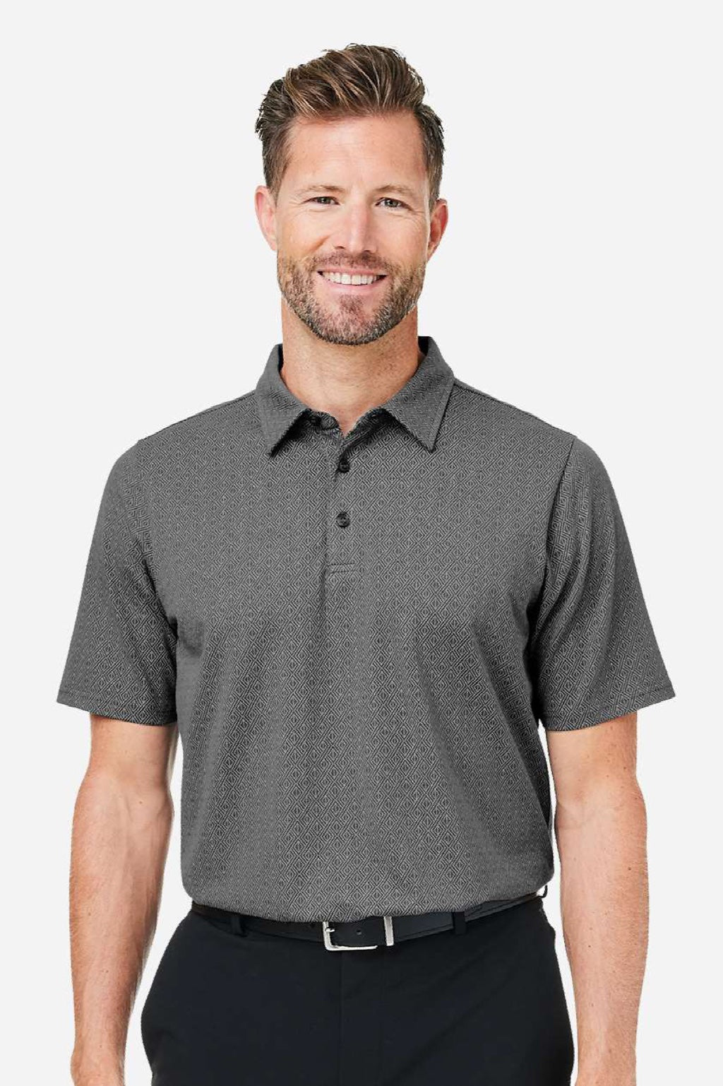 Devon & Jones DG101 Mens Crownlux Performance Geo Short Sleeve Polo Shirt Graphite Grey/Silver Grey Model Front