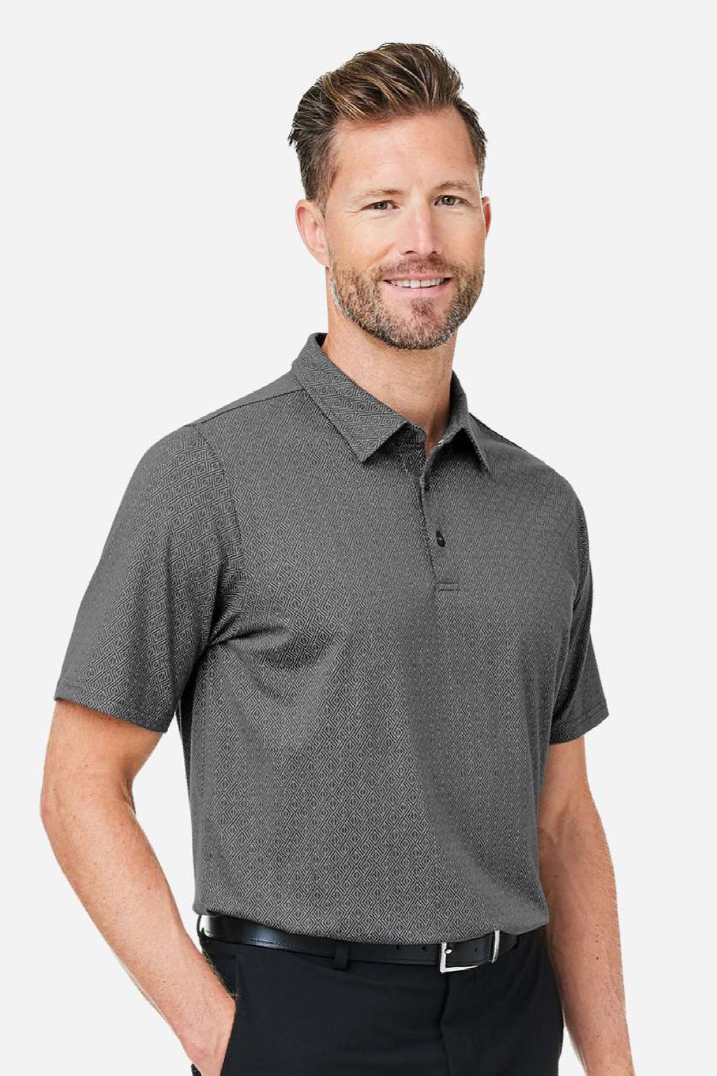 Devon & Jones DG101 Mens Crownlux Performance Geo Short Sleeve Polo Shirt Graphite Grey/Silver Grey Model Side