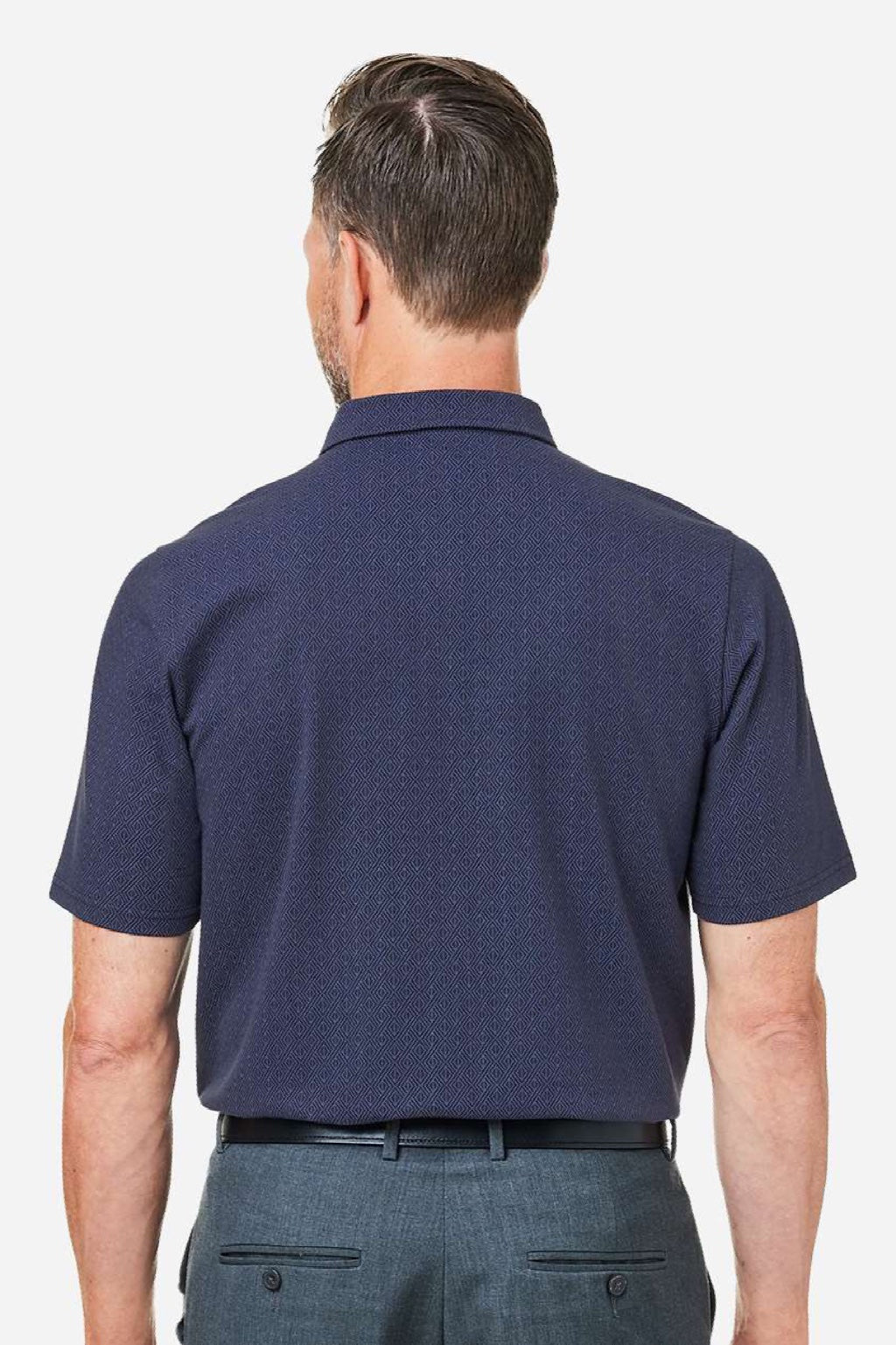 Devon & Jones DG101 Mens Crownlux Performance Geo Short Sleeve Polo Shirt Navy Blue/French Blue Model Back