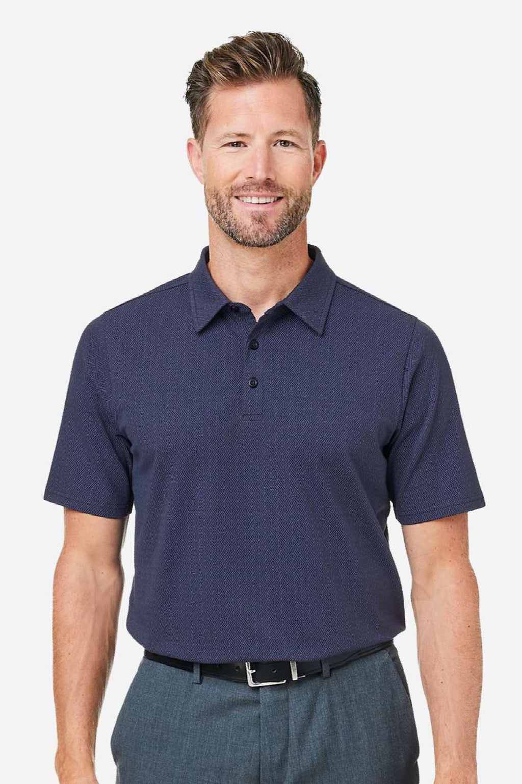 Devon & Jones DG101 Mens Crownlux Performance Geo Short Sleeve Polo Shirt Navy Blue/French Blue Model Front