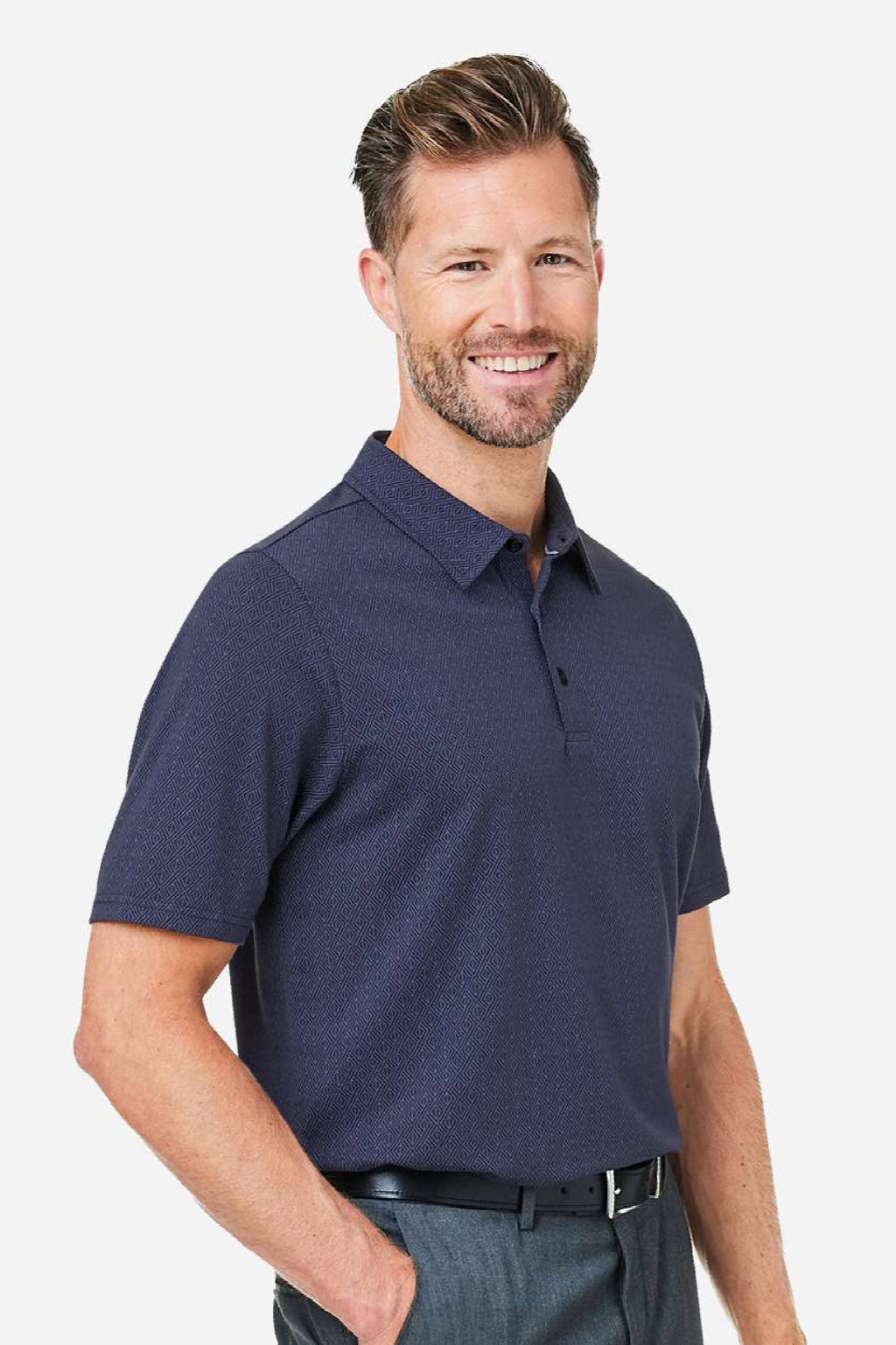 Devon & Jones DG101 Mens Crownlux Performance Geo Short Sleeve Polo Shirt Navy Blue/French Blue Model Side