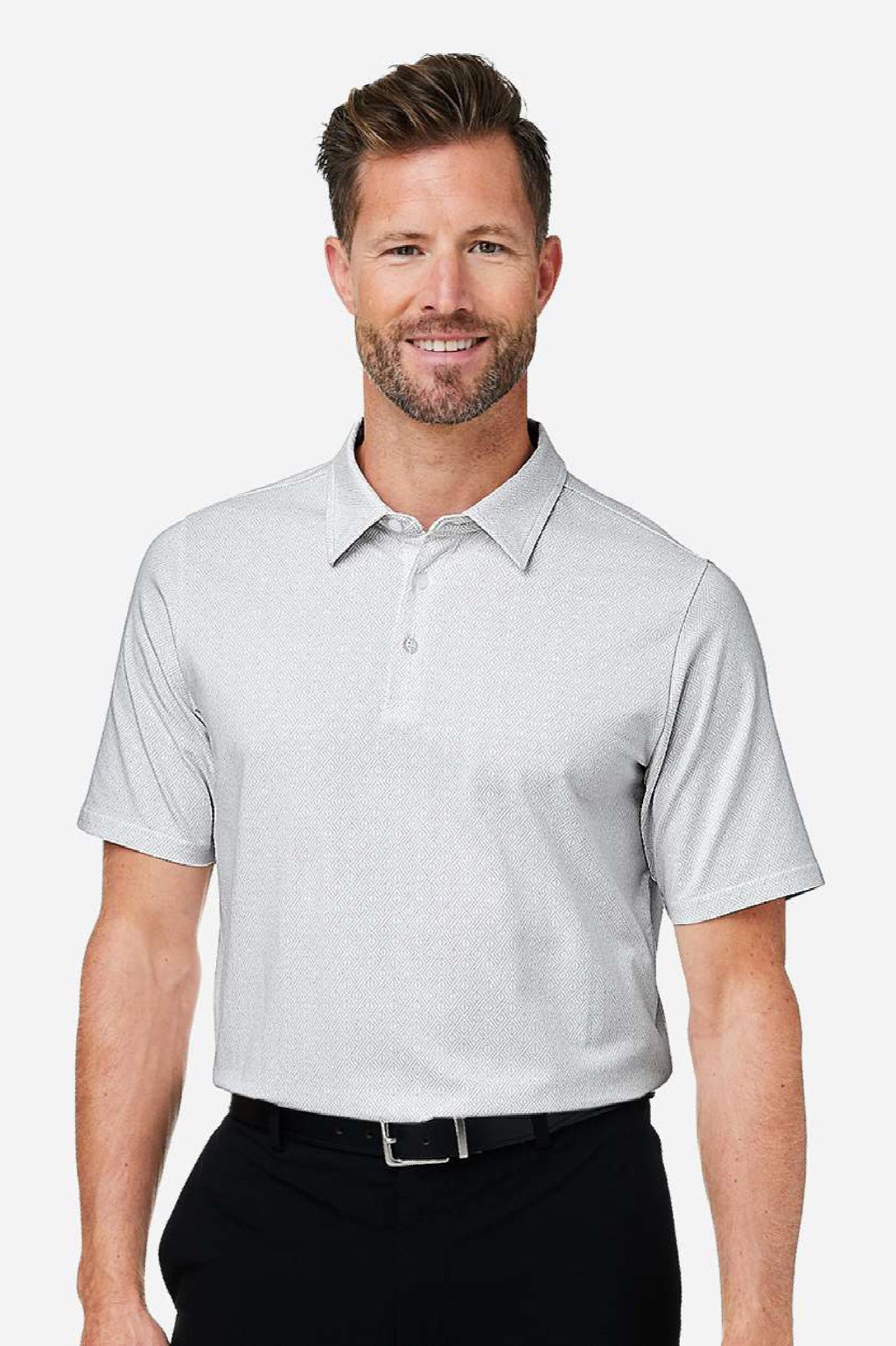 Devon & Jones DG101 Mens Crownlux Performance Geo Short Sleeve Polo Shirt White/Silver Grey Model Front