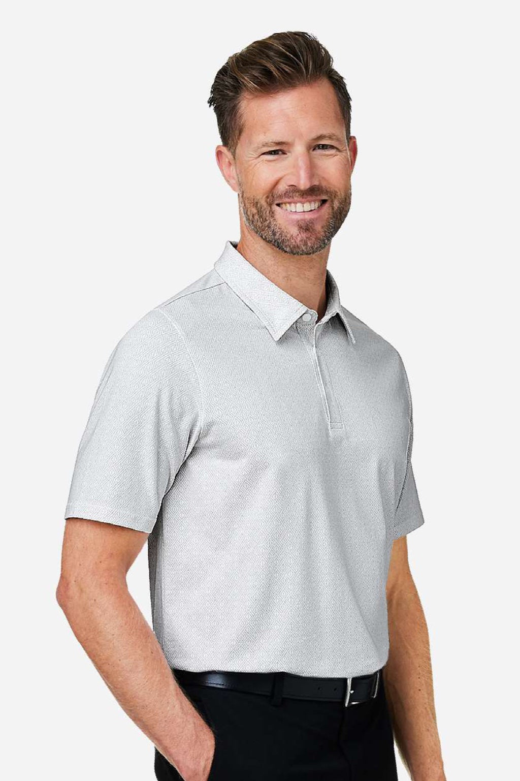 Devon & Jones DG101 Mens Crownlux Performance Geo Short Sleeve Polo Shirt White/Silver Grey Model Side