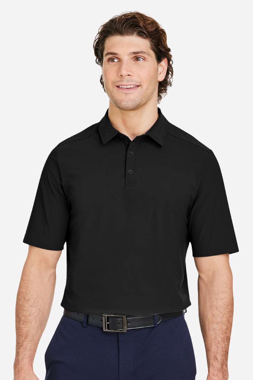 Devon & Jones DG110 Mens CrownLux Performance Windsor Welded Short Sleeve Polo Shirt Black Model Front