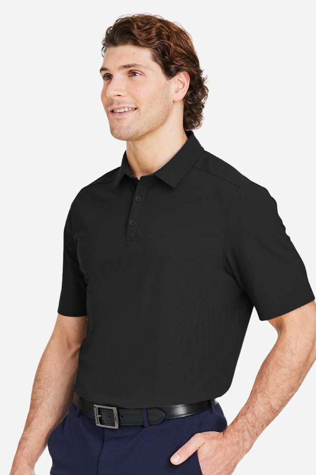Devon & Jones DG110 Mens CrownLux Performance Windsor Welded Short Sleeve Polo Shirt Black Model Side