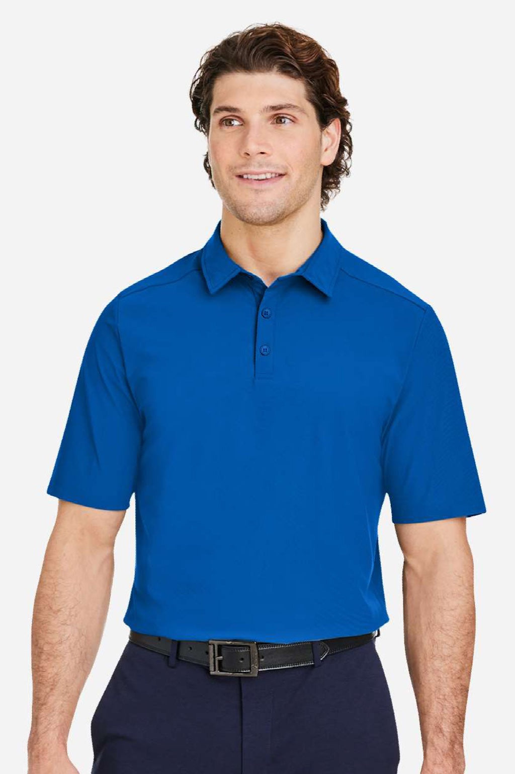 Devon & Jones DG110 Mens CrownLux Performance Windsor Welded Short Sleeve Polo Shirt French Blue Model Front