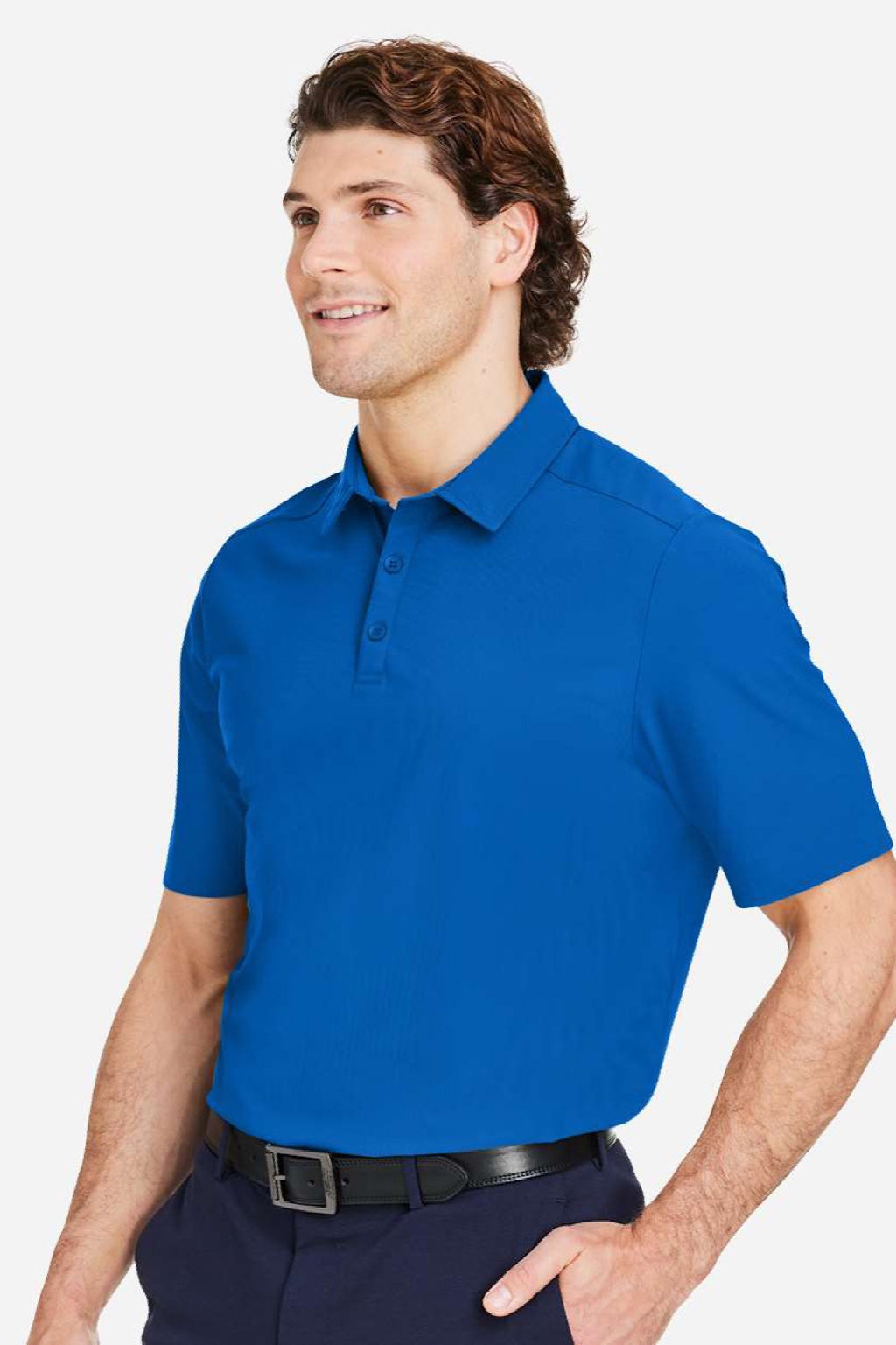 Devon & Jones DG110 Mens CrownLux Performance Windsor Welded Short Sleeve Polo Shirt French Blue Model Side