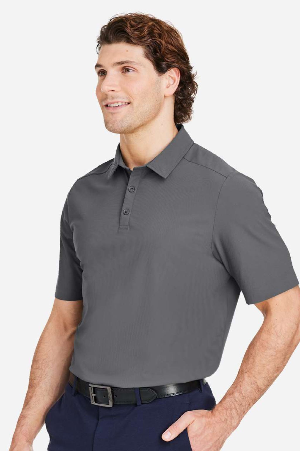 Devon & Jones DG110 Mens CrownLux Performance Windsor Welded Short Sleeve Polo Shirt Graphite Grey Model Side