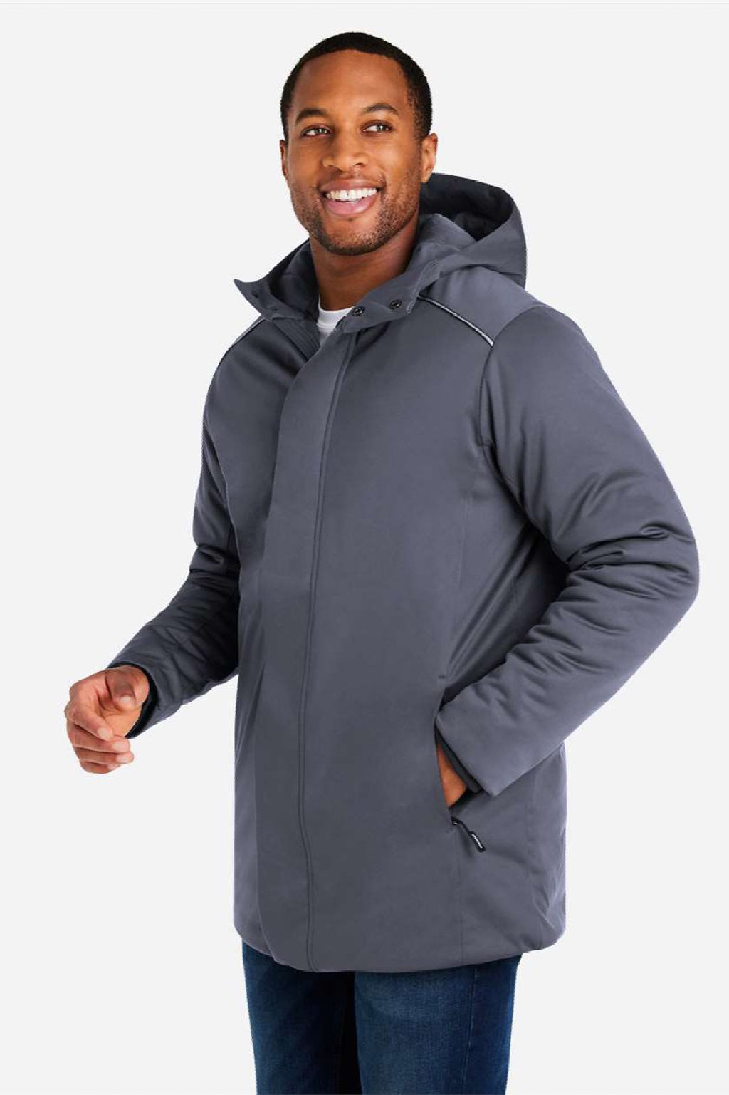 Core 365 CE715 Mens Techno Lite Insulated Wind & Water Resistant Full Zip Hooded Jacket Carbon Grey Model Side