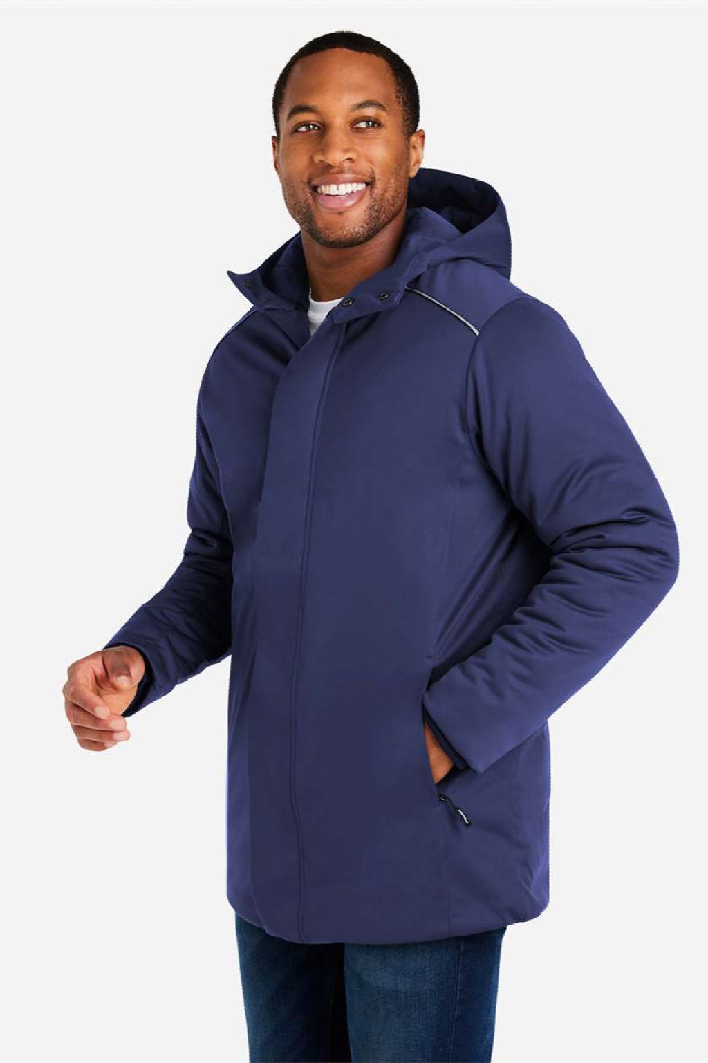 Core 365 CE715 Mens Techno Lite Insulated Full Zip Hooded Jacket Classic Navy Blue Model Side