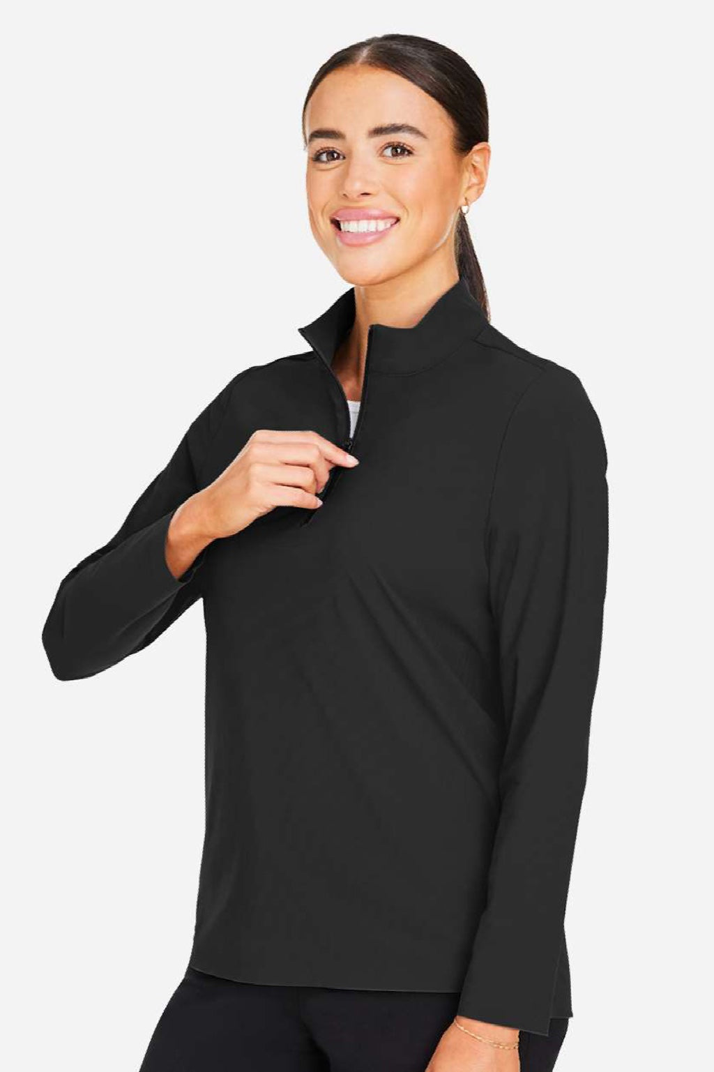 Devon & Jones DG410W Womens CrownLux Performance Windsor Welded 1/4 Zip Sweatshirt Black Model Side
