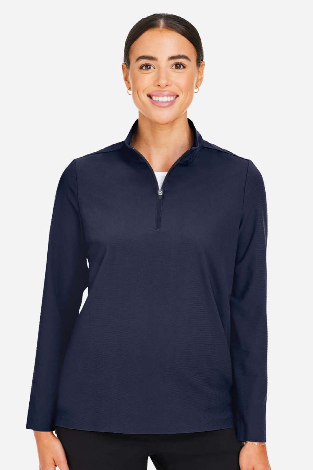 Devon & Jones DG410W Womens CrownLux Performance Windsor Welded 1/4 Zip Sweatshirt Navy Blue Model Front