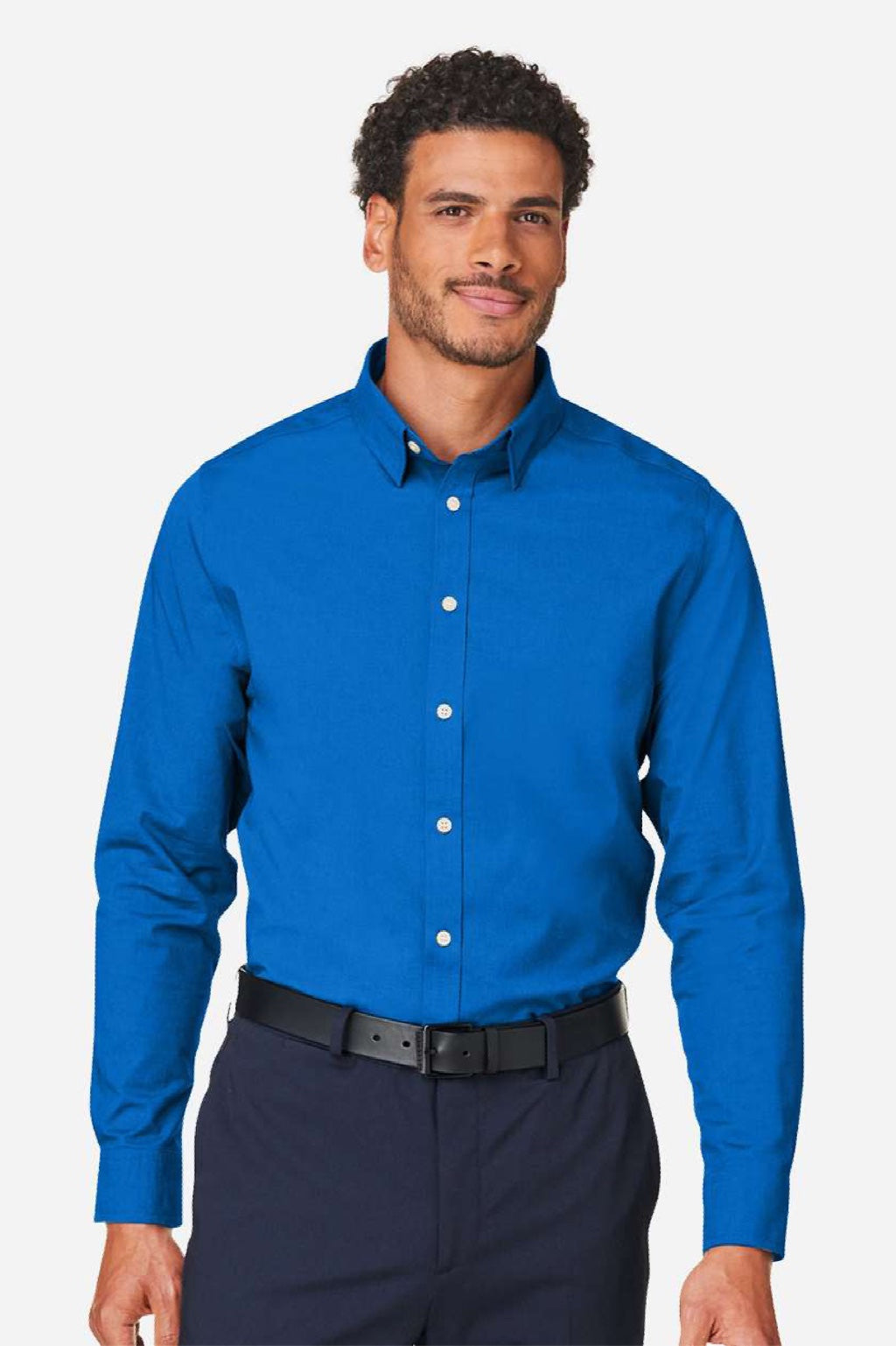 Devon & Jones DG505 Mens CrownLux Performance Spencer Poplin Long Sleeve Button Down Shirt French Blue Melange Model Front