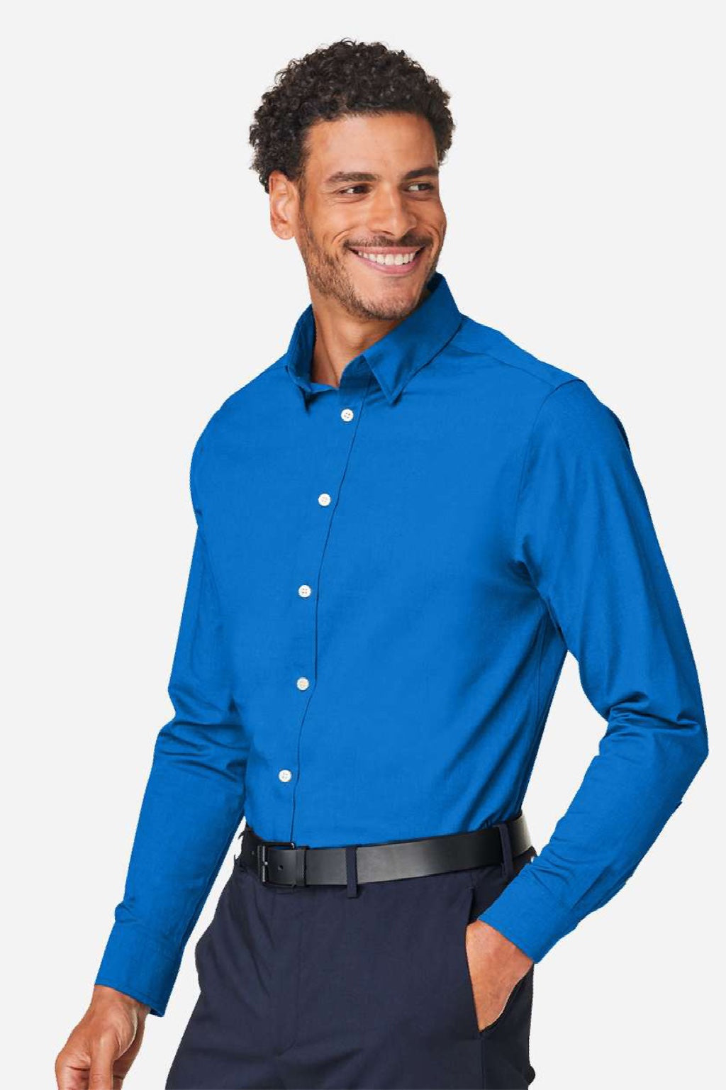 Devon & Jones DG505 Mens CrownLux Performance Spencer Poplin Long Sleeve Button Down Shirt French Blue Melange Model Side