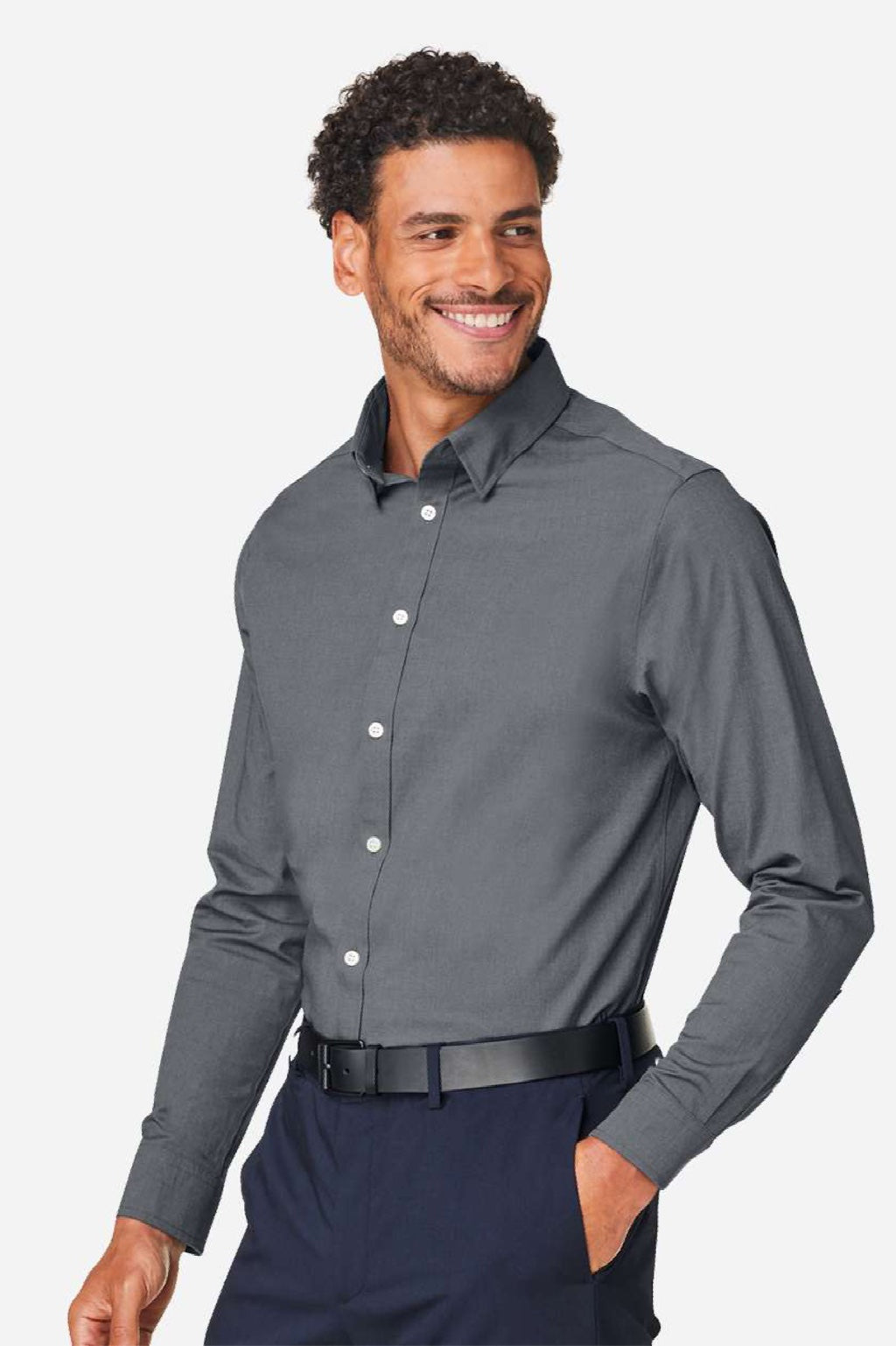 Devon & Jones DG505 Mens CrownLux Performance Spencer Poplin Long Sleeve Button Down Shirt Graphite Grey Melange Model Side