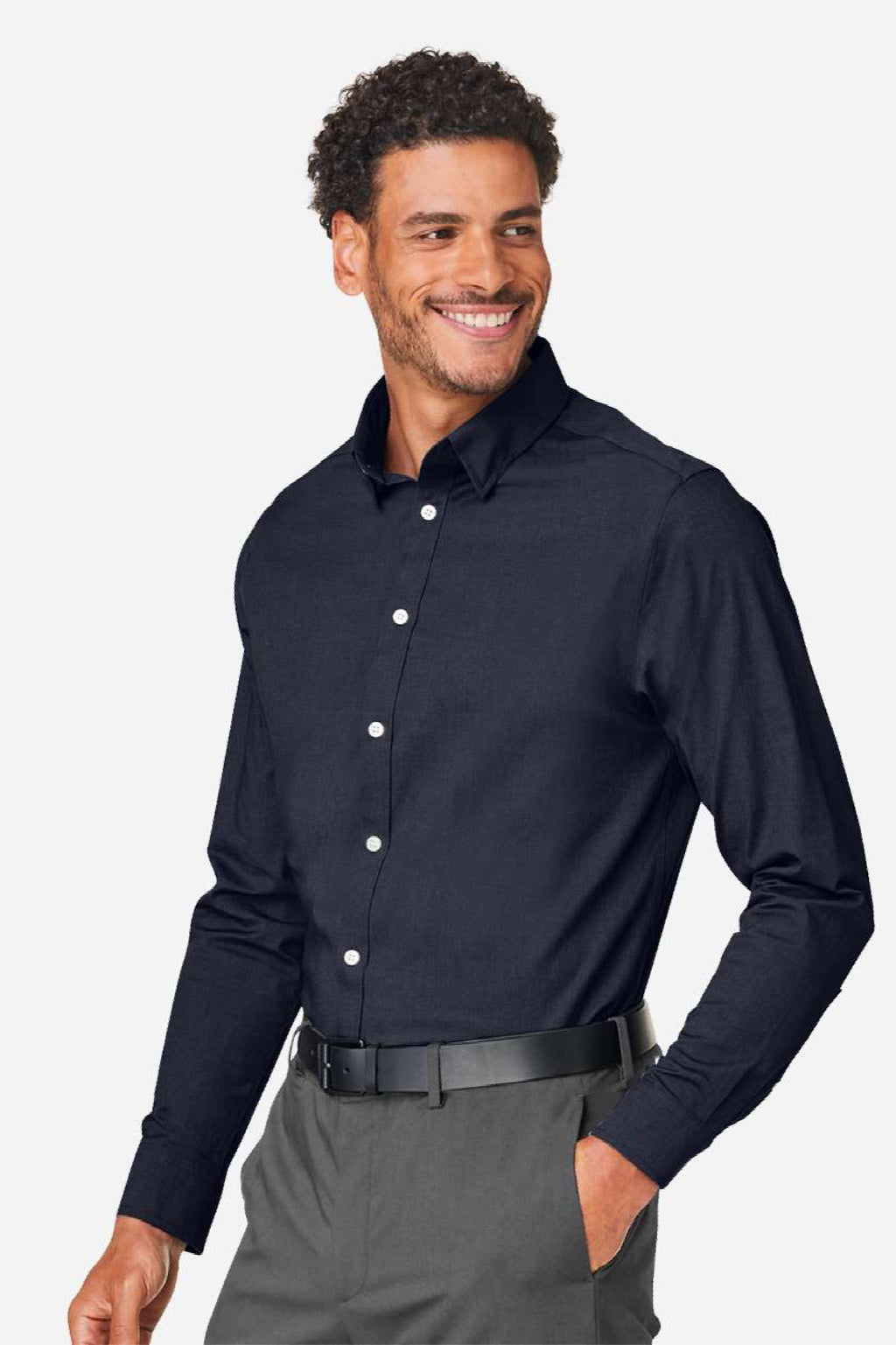 Devon & Jones DG505 Mens CrownLux Performance Spencer Poplin Long Sleeve Button Down Shirt Navy Blue Melange Model Side