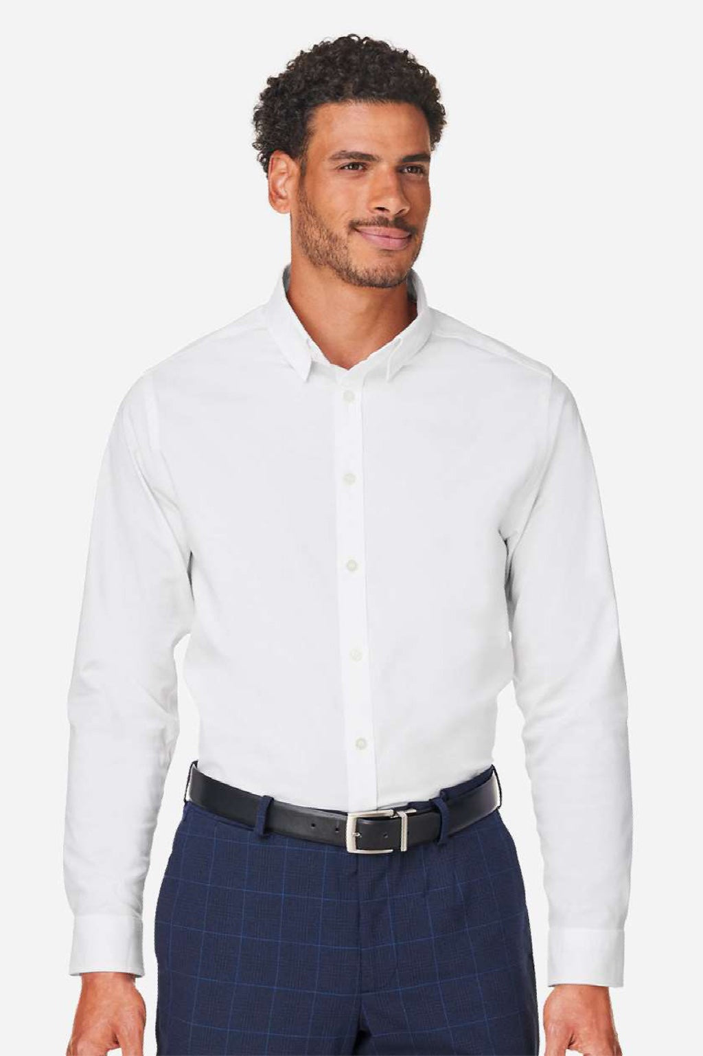 Devon & Jones DG505 Mens CrownLux Performance Spencer Poplin Long Sleeve Button Down Shirt White Model Front