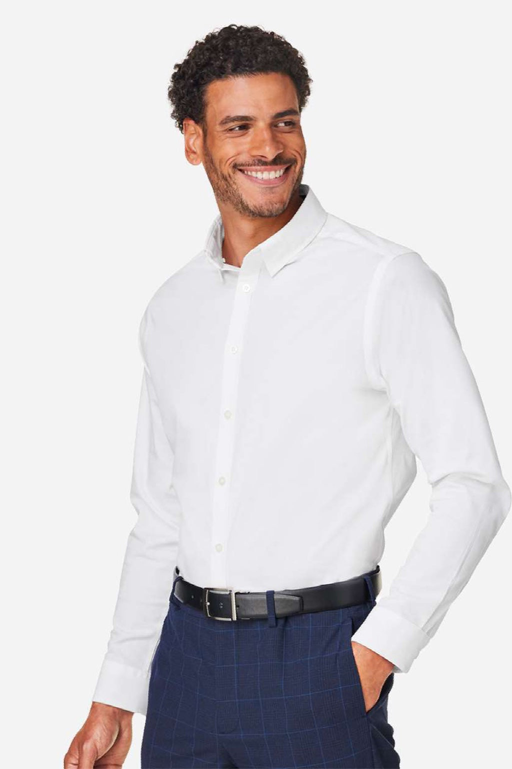 Devon & Jones DG505 Mens CrownLux Performance Spencer Poplin Long Sleeve Button Down Shirt White Model Side