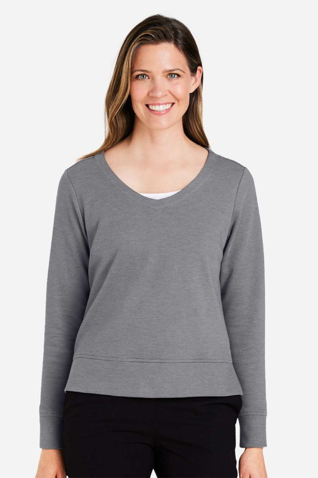 Devon & Jones DG482W Womens Charleston V-Neck Sweatshirt Graphite Grey Melange Model Front