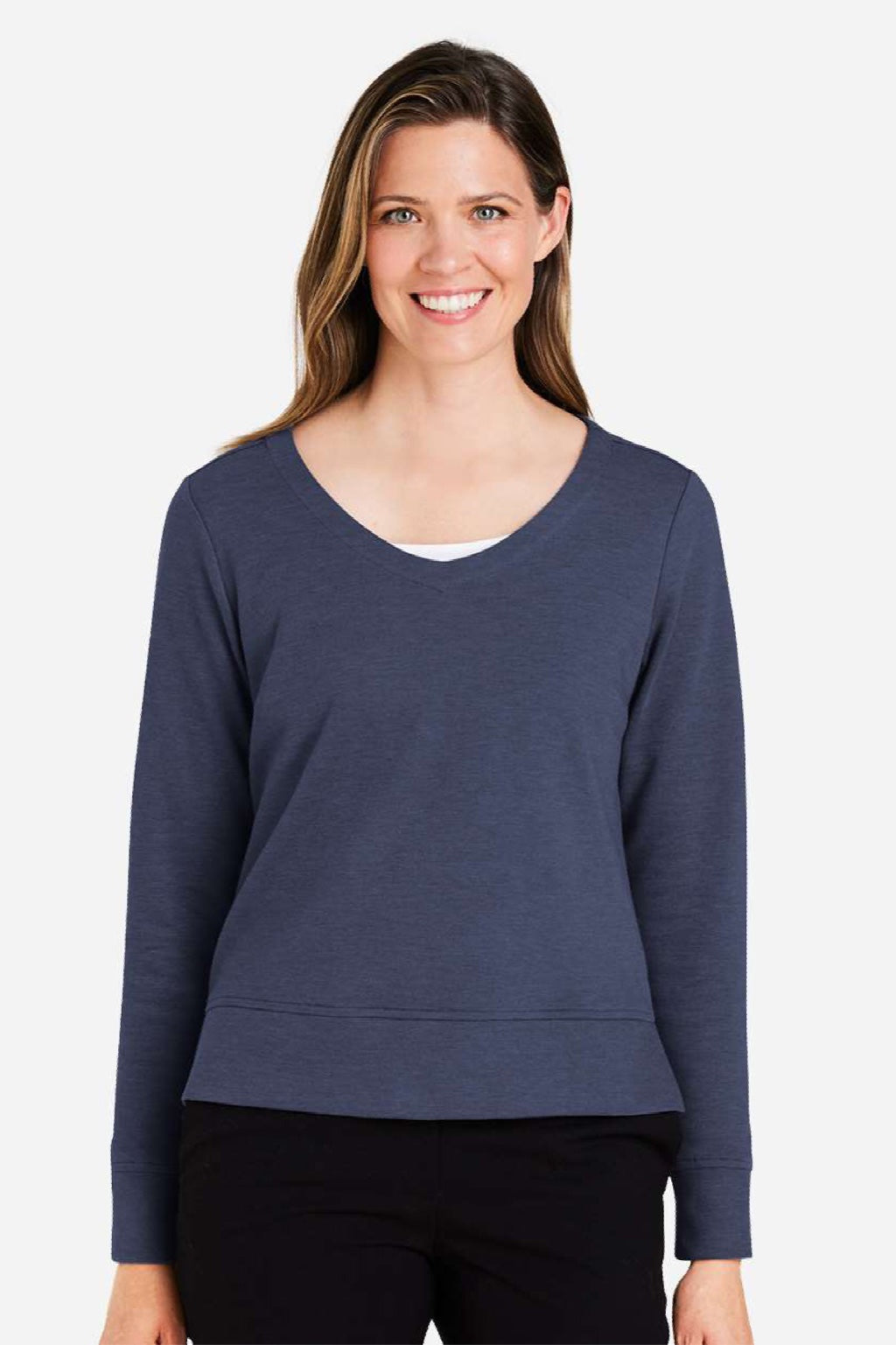 Devon & Jones DG482W Womens Charleston V-Neck Sweatshirt Navy Blue Melange Model Front
