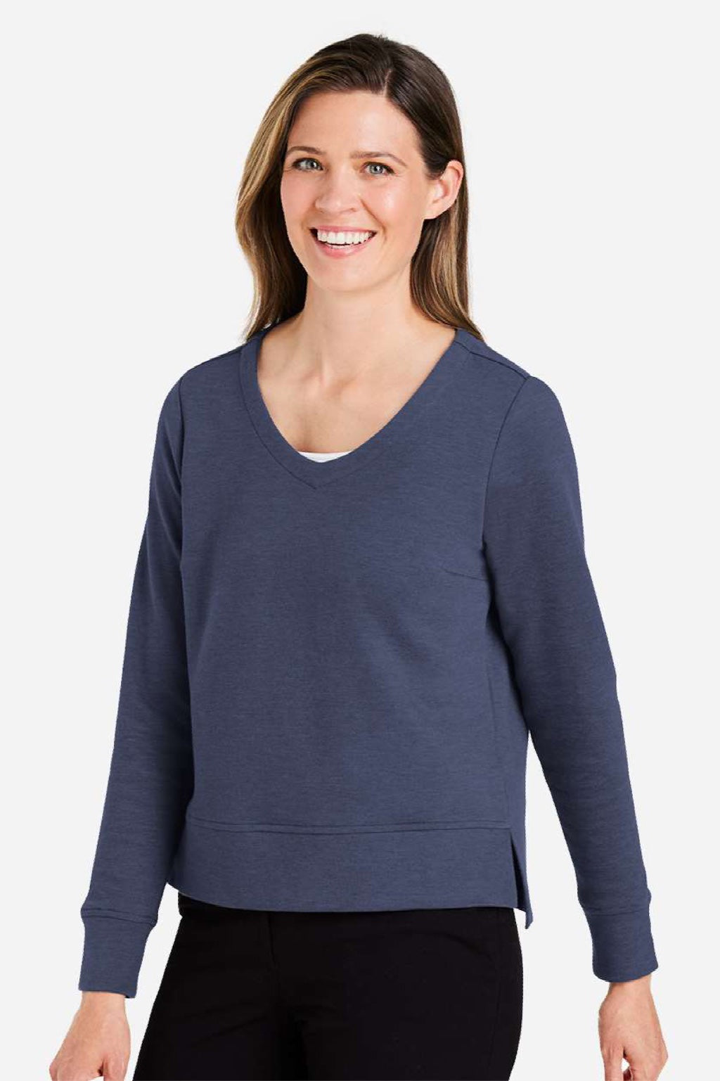 Devon & Jones DG482W Womens Charleston V-Neck Sweatshirt Navy Blue Melange Model Side