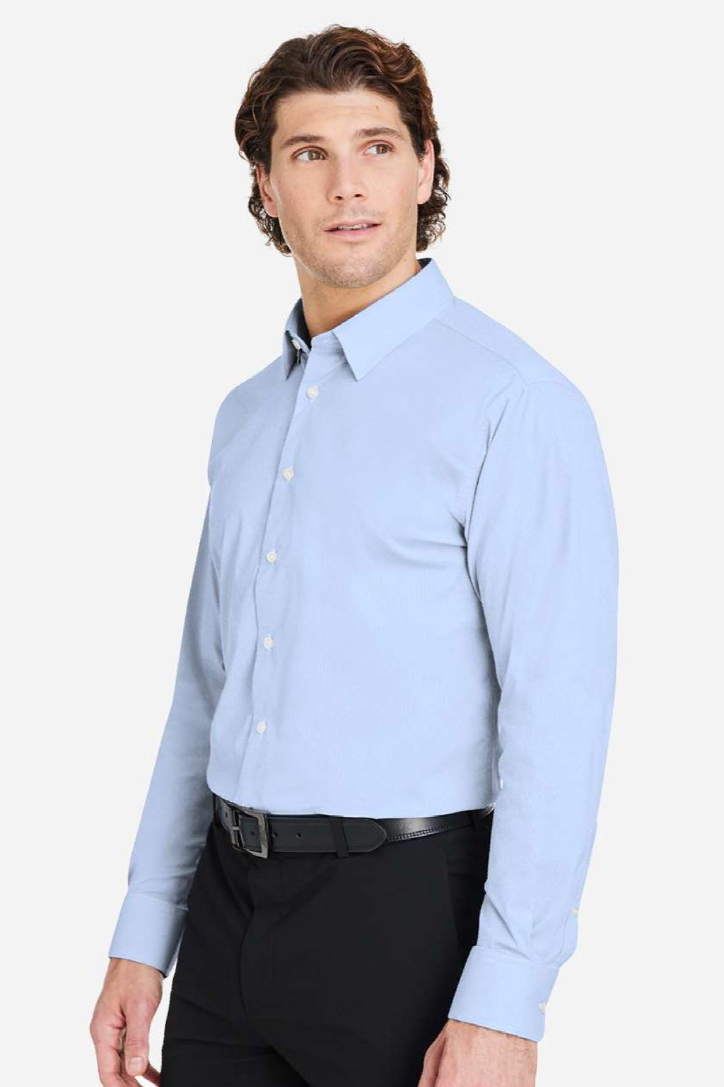 Devon & Jones DG537 Mens CrownLux Performance Microstripe Long Sleeve Button Down Shirt French Blue/White Model Side