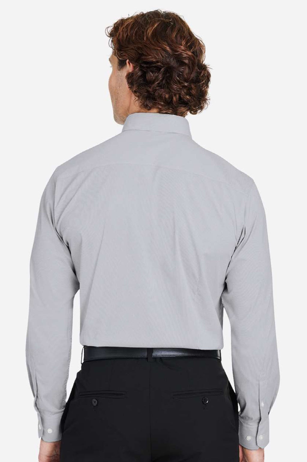 Devon & Jones DG537 Mens CrownLux Performance Microstripe Long Sleeve Button Down Shirt Graphite Grey/White Model Back
