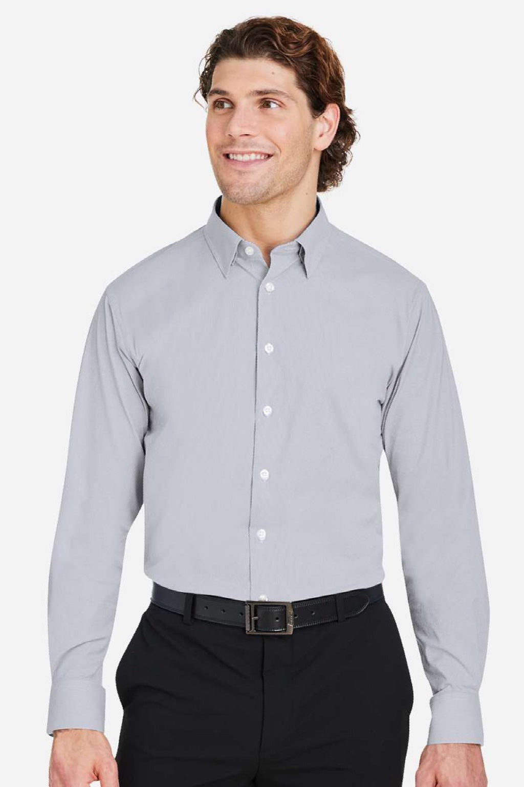 Devon & Jones DG537 Mens CrownLux Performance Microstripe Long Sleeve Button Down Shirt Graphite Grey/White Model Front