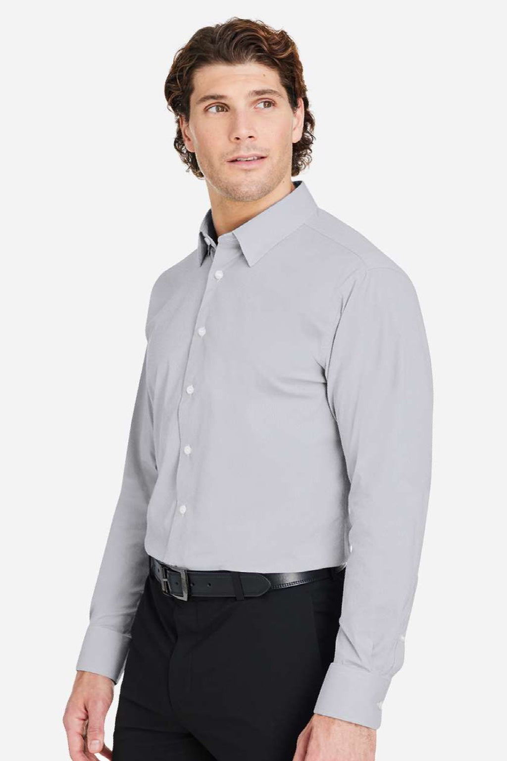 Devon & Jones DG537 Mens CrownLux Performance Microstripe Long Sleeve Button Down Shirt Graphite Grey/White Model Side
