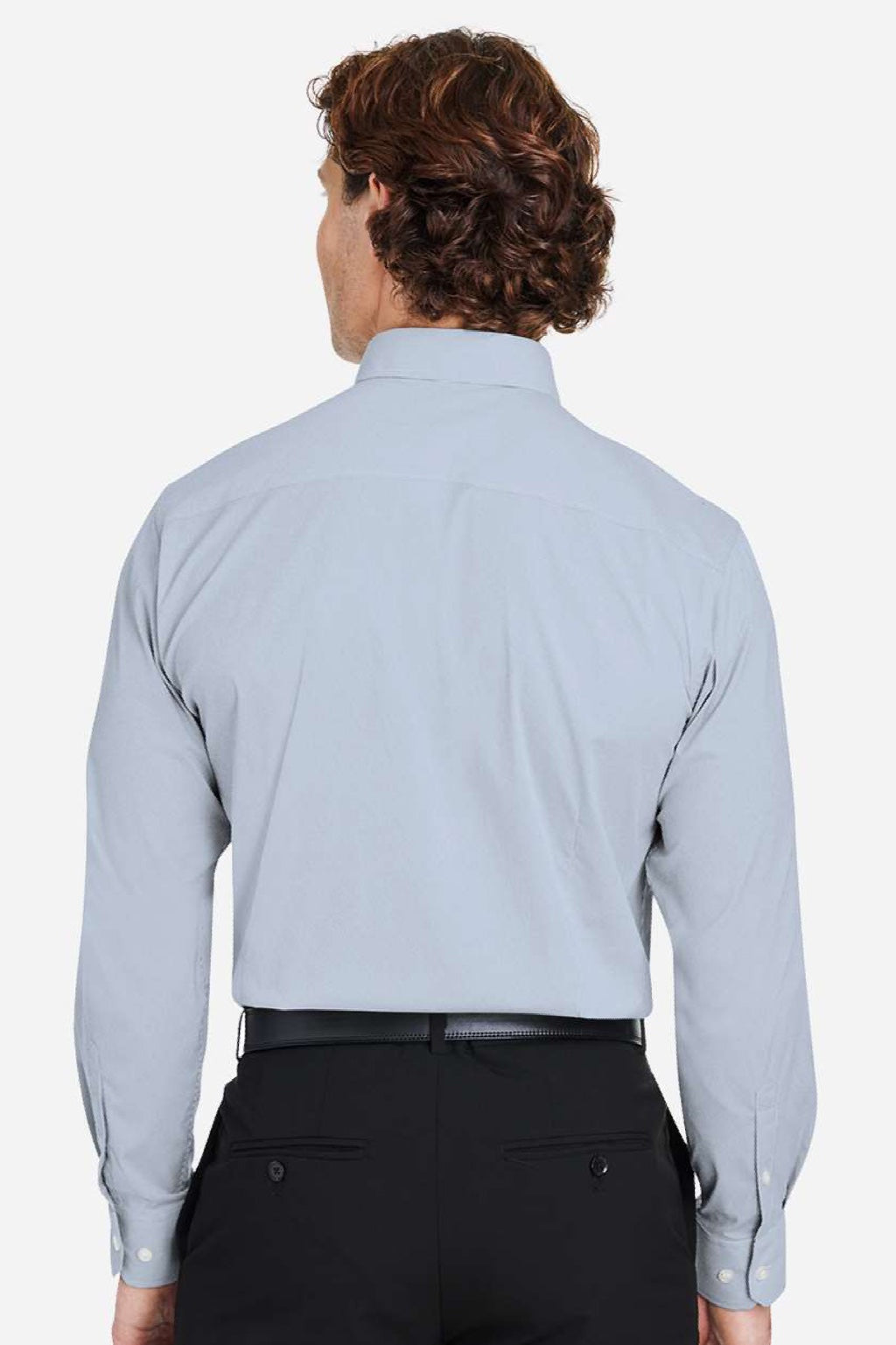 Devon & Jones DG537 Mens CrownLux Performance Microstripe Long Sleeve Button Down Shirt Navy Blue/White Model Back