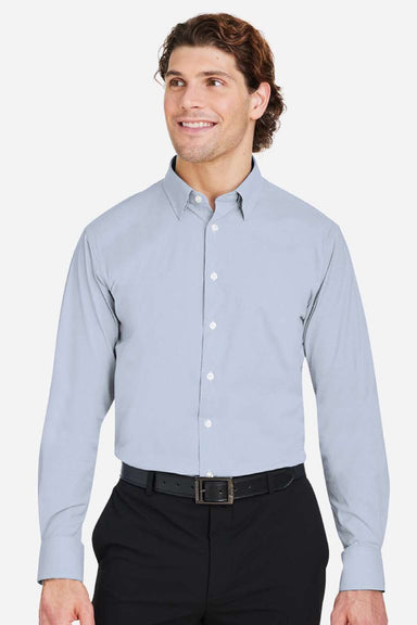 Devon & Jones DG537 Mens CrownLux Performance Microstripe Long Sleeve Button Down Shirt Navy Blue/White Model Front