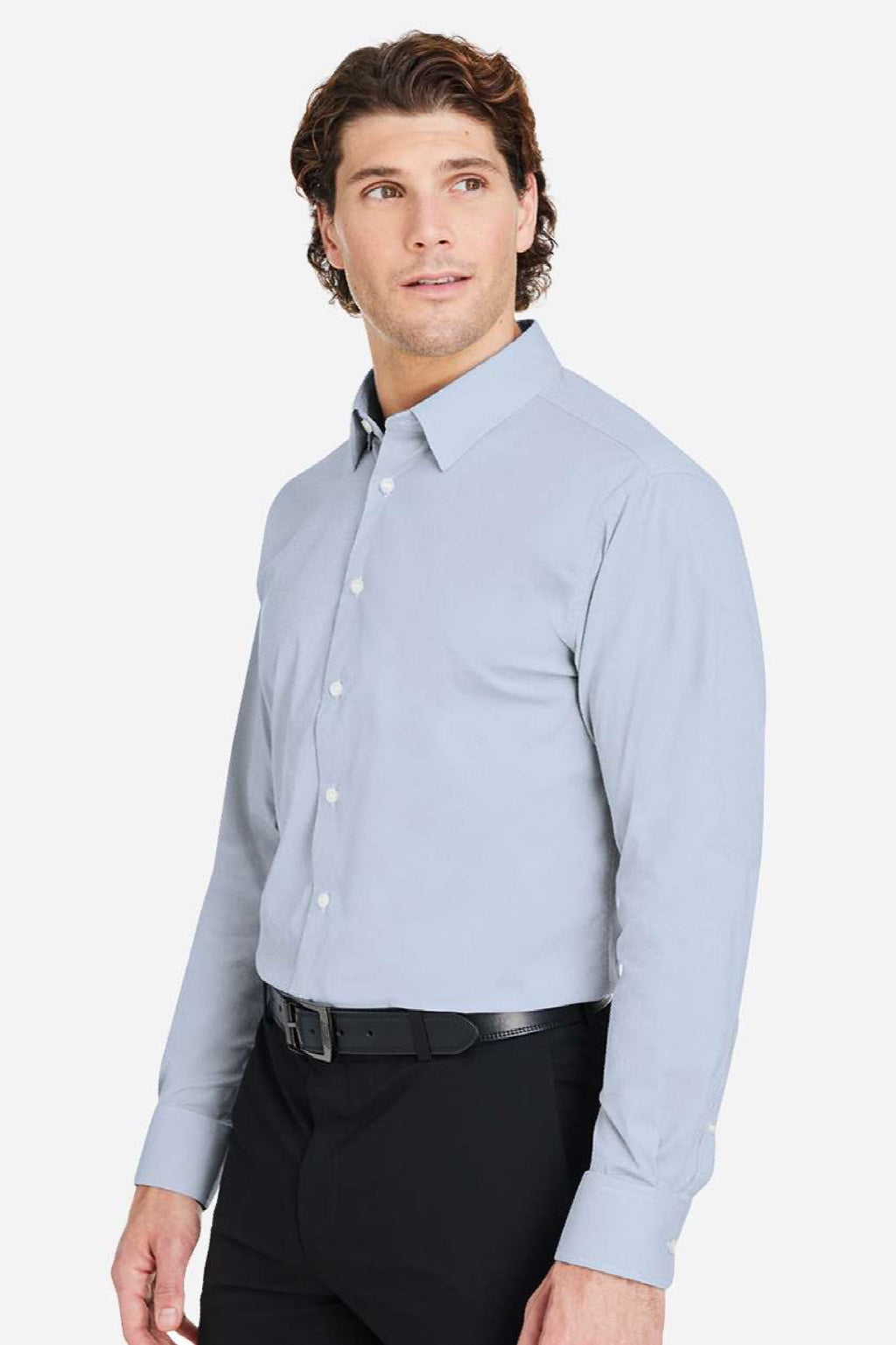 Devon & Jones DG537 Mens CrownLux Performance Microstripe Long Sleeve Button Down Shirt Navy Blue/White Model Side