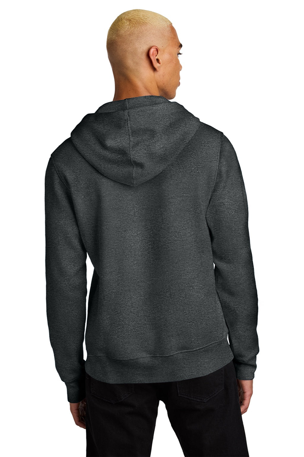 District DT1101 Mens Perfect Weight Fleece Hooded Sweatshirt Hoodie w/ Pouch Pocket Heather Charcoal Grey Model Back