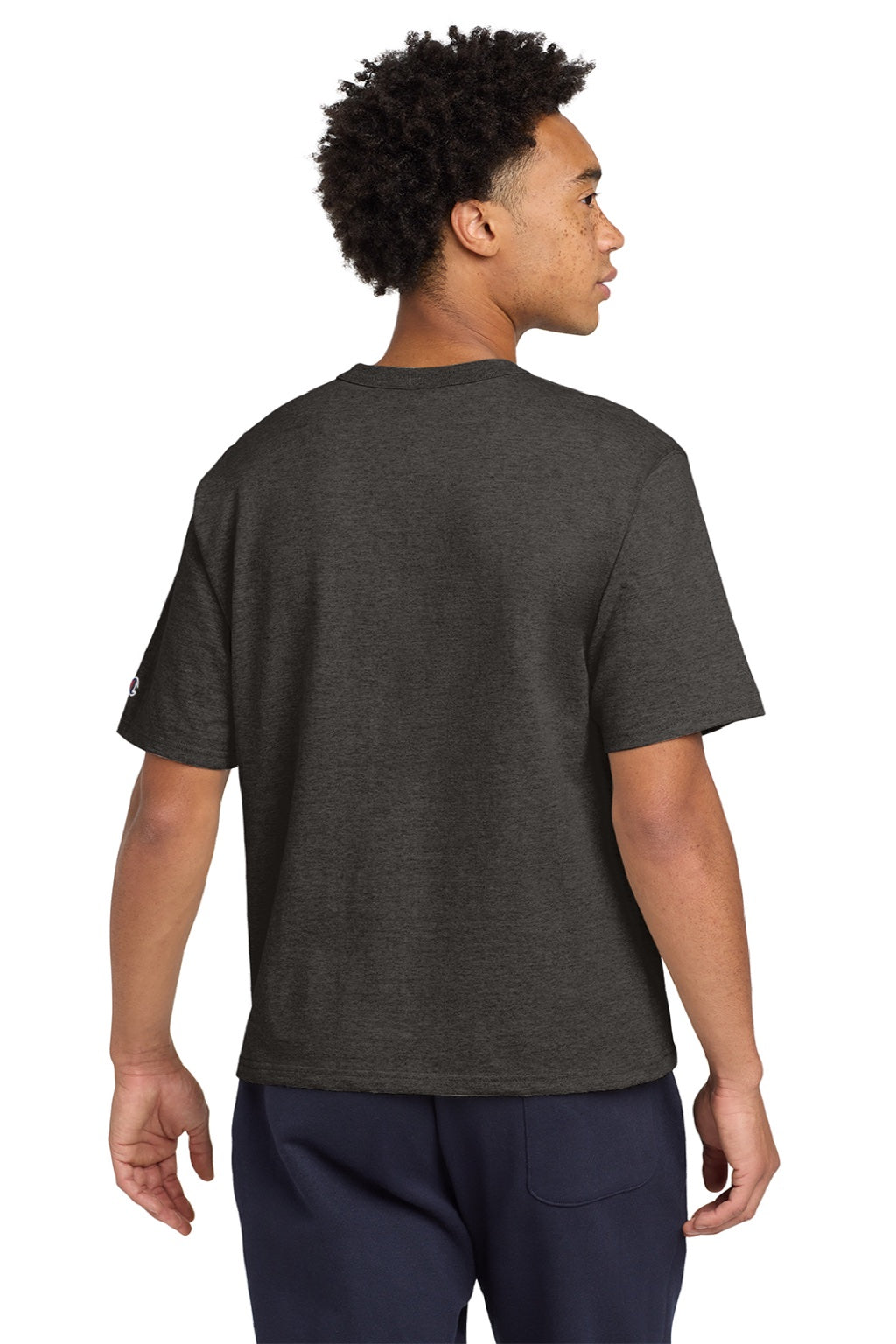 Champion T105 Mens Heritage Short Sleeve Crewneck T-Shirt Heather Charcoal Grey Model Back