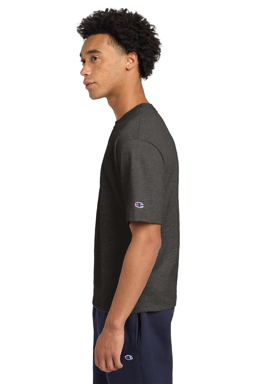 Champion T105 Mens Heritage Short Sleeve Crewneck T-Shirt Heather Charcoal Grey Model Side
