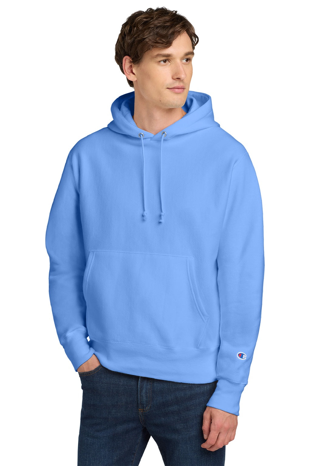Champion S101/S1051 Mens Shrink Resistant Hooded Sweatshirt Hoodie w/ Pouch Pocket Light Blue Model Front