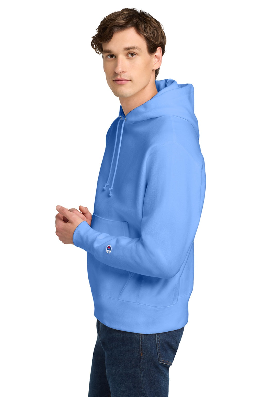Champion S101/S1051 Mens Shrink Resistant Hooded Sweatshirt Hoodie w/ Pouch Pocket Light Blue Model Side