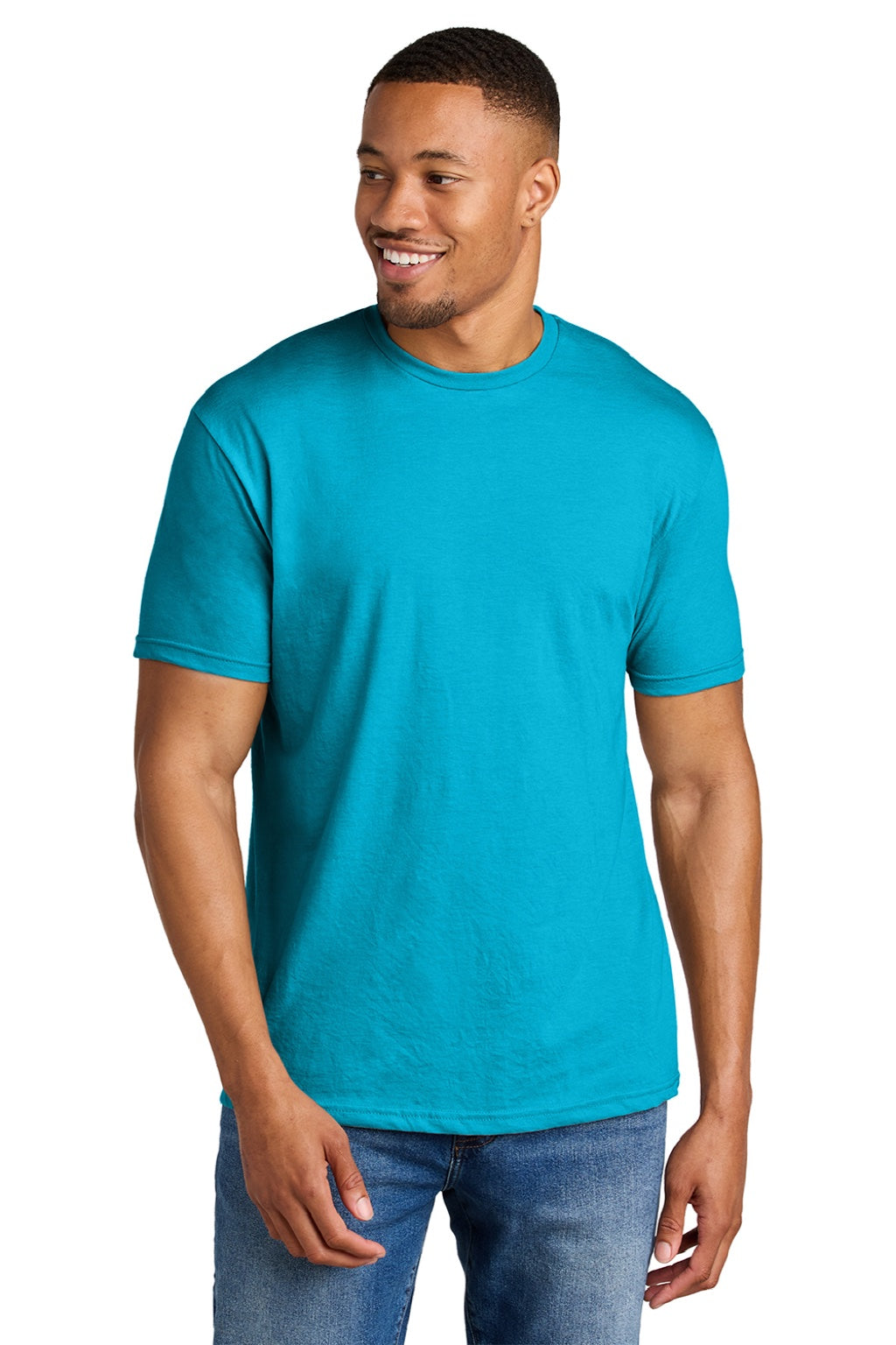 Gildan 64000CVC Mens Softstyle CVC Short Sleeve Crewneck T-Shirt Caribbean Blue Mist Model Front