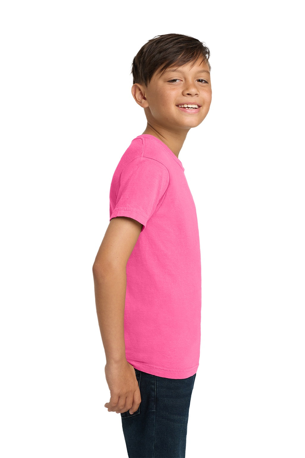 Comfort Colors 9018 Youth Short Sleeve Crewneck T-Shirt Neon Pink Model Side