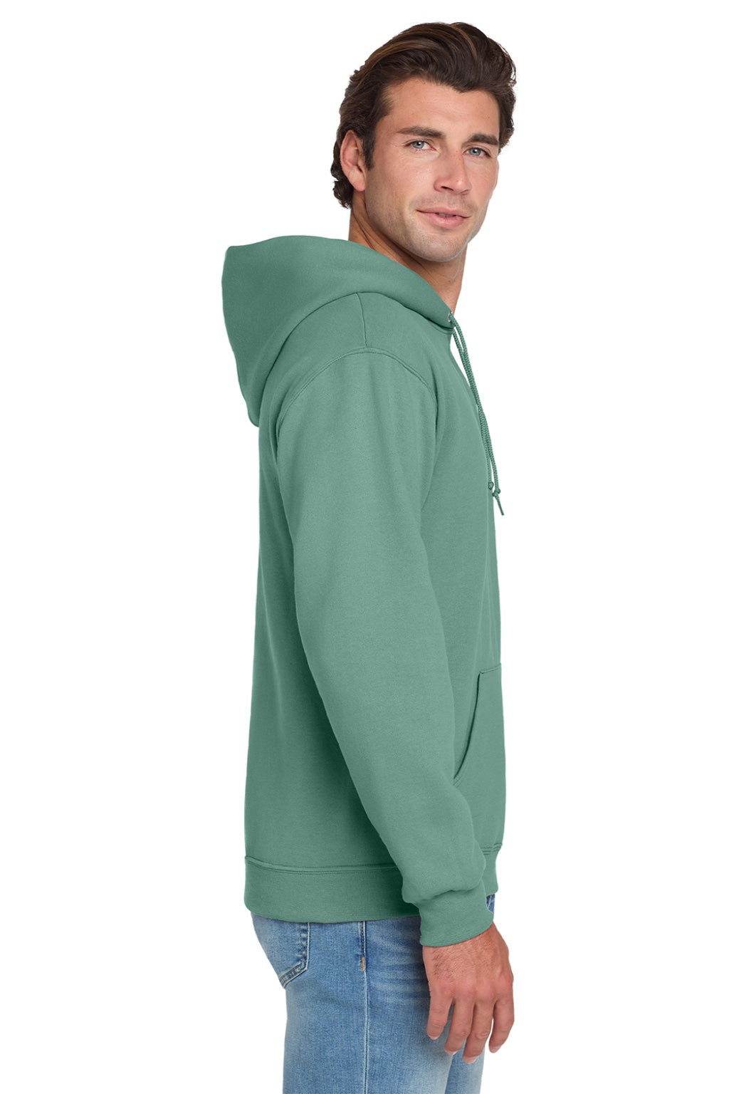 Jerzees 996M/996MR Mens NuBlend Pill Resistant Fleece Hooded Sweatshirt Hoodie w/ Pouch Pocket Sage Green Model Side
