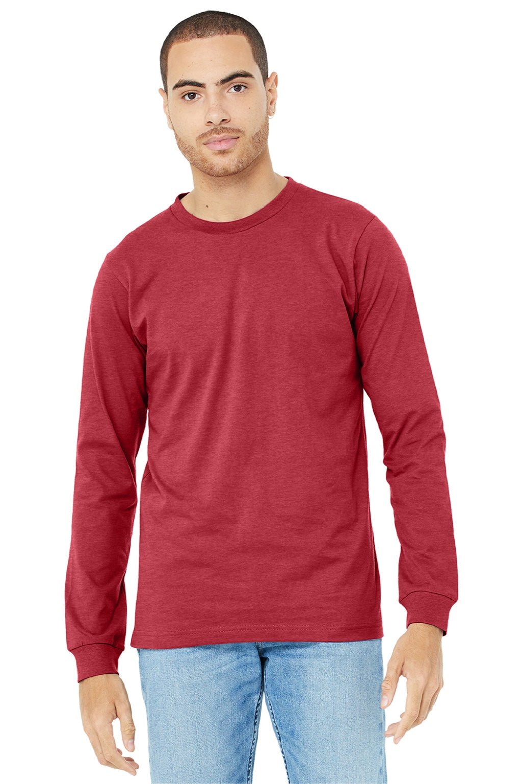 Bella + Canvas BC3501CVC/3501CVC Mens CVC Long Sleeve Crewneck T-Shirt Heather Red Model Front