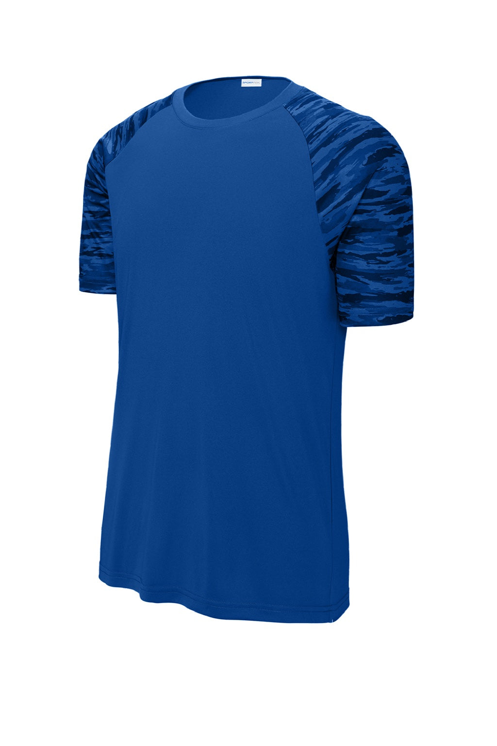 Sport-Tek ST376 Mens Drift Camo Colorblock Moisture Wicking Short Sleeve Crewneck T-Shirt True Royal Blue Flat Front