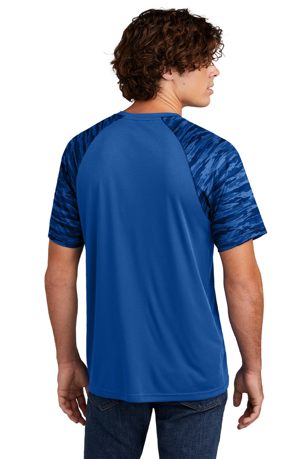 Sport-Tek ST376 Mens Drift Camo Colorblock Moisture Wicking Short Sleeve Crewneck T-Shirt True Royal Blue Model Back