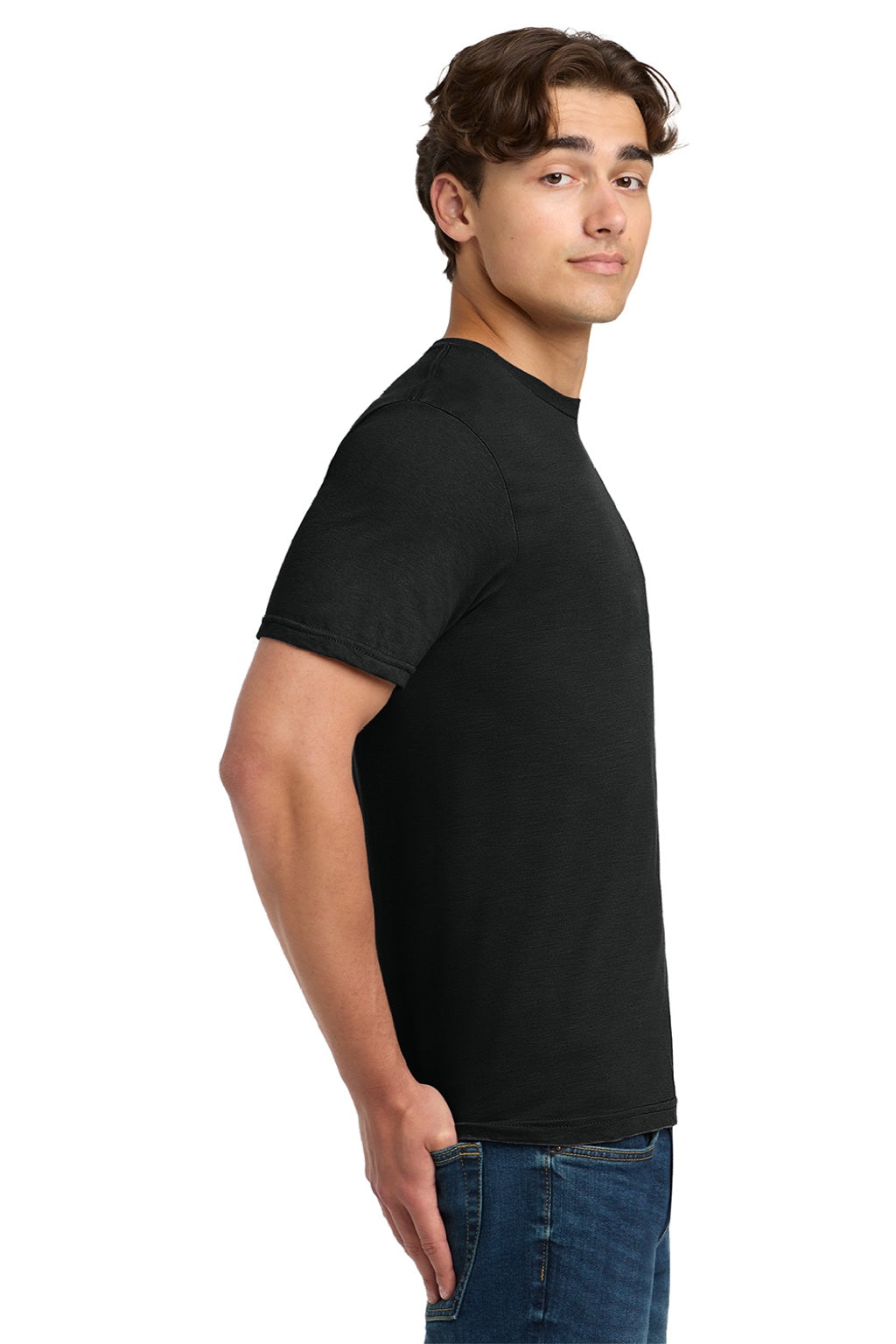 Gildan 64000 Mens Softstyle Short Sleeve Crewneck T-Shirt Black Model Side