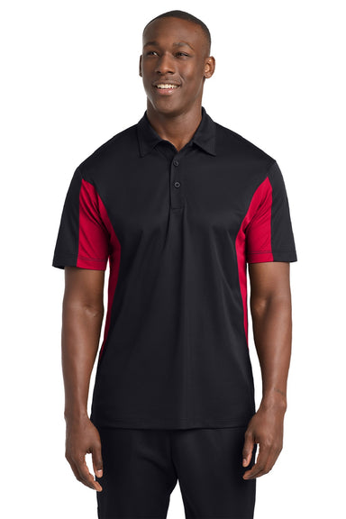 Sport-Tek ST655/TST655 Mens Sport-Wick Moisture Wicking Short Sleeve Polo Shirt Black/Deep Red Model Front