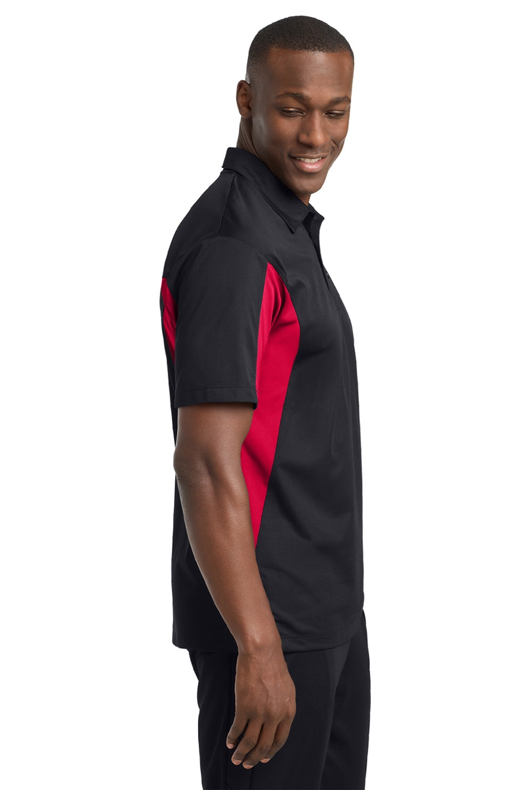 Sport-Tek ST655/TST655 Mens Sport-Wick Moisture Wicking Short Sleeve Polo Shirt Black/Deep Red Model Side